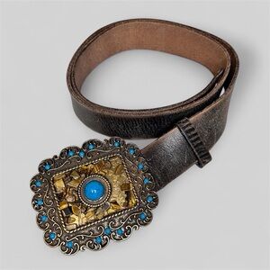 Vintage Olga Santini Turquoise and Brass Embellished Brown Leather Belt